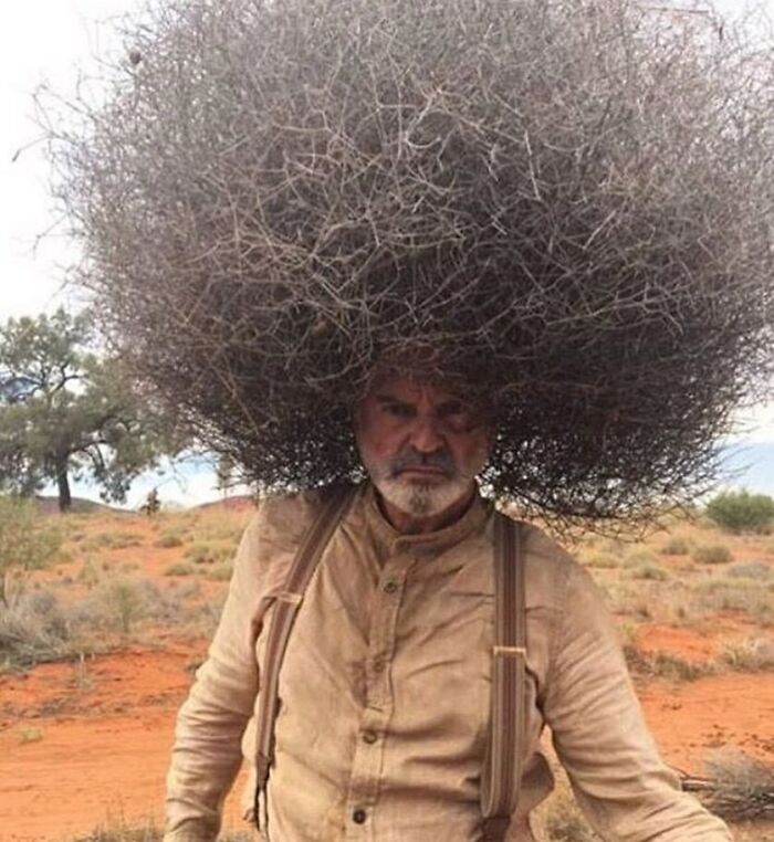 Man with a large tumbleweed on head, wearing suspenders, in a desert landscape, showcasing bizarre fashion style.