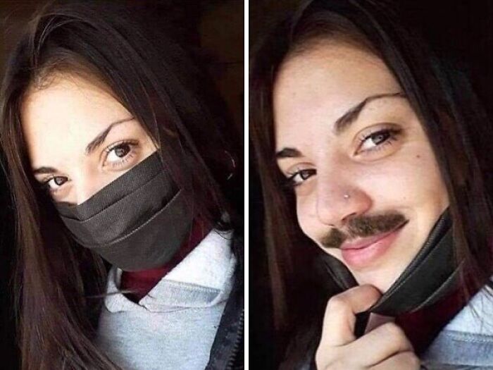 Two side-by-side photos of a woman with a mischievous expression, revealing a fake mustache from beneath her mask.