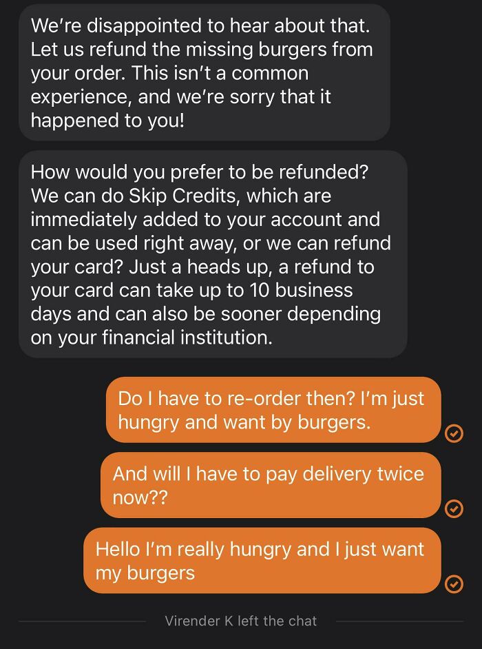 Annoyed customer replies after frustrating chat support offer on missing burger order.