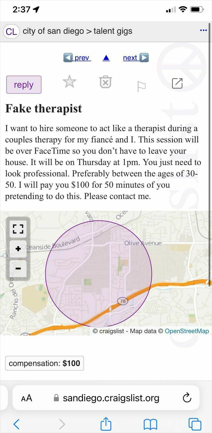 Craigslist ad seeking a fake therapist for couples session, illustrating people being jerks.