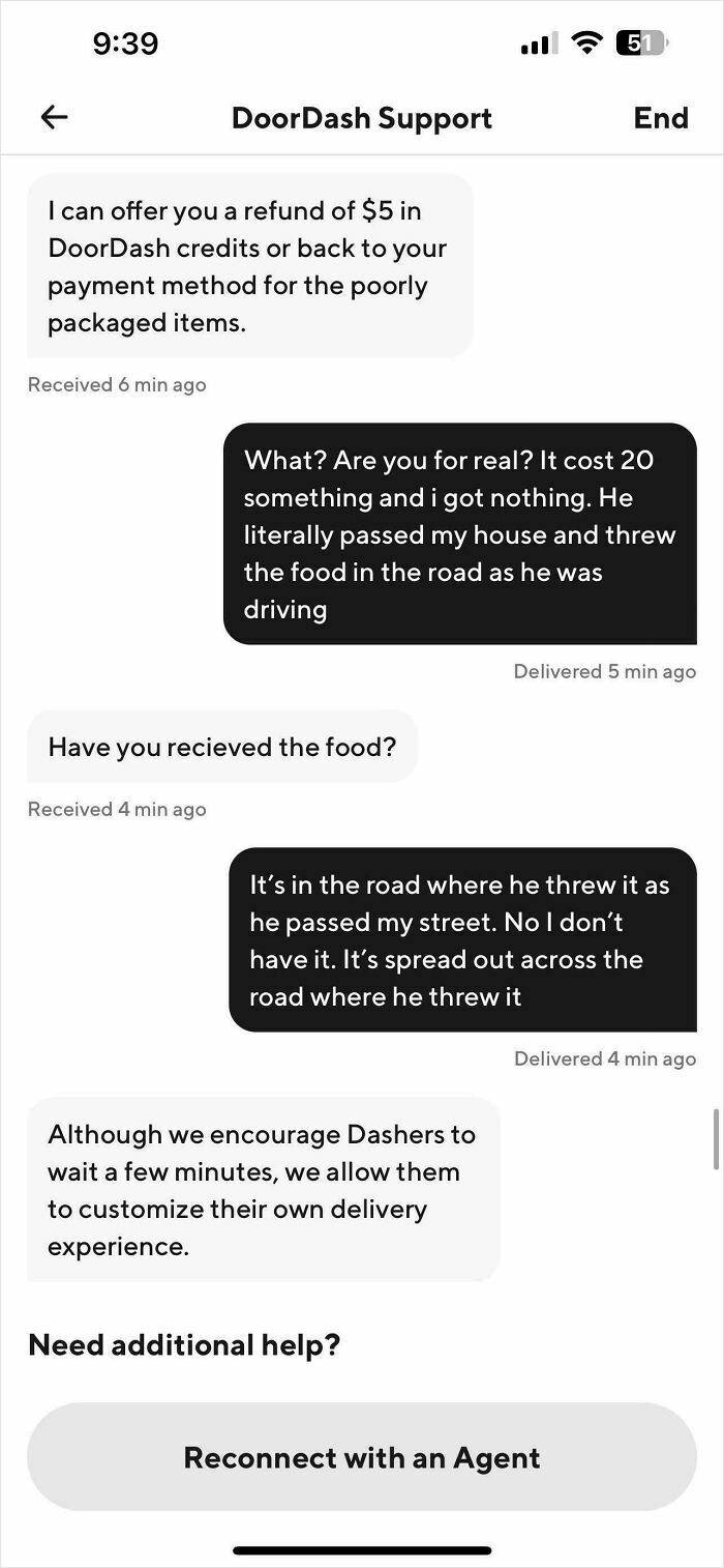 Chat with DoorDash support about a delivery issue; food thrown in the road. People being complete jerks.