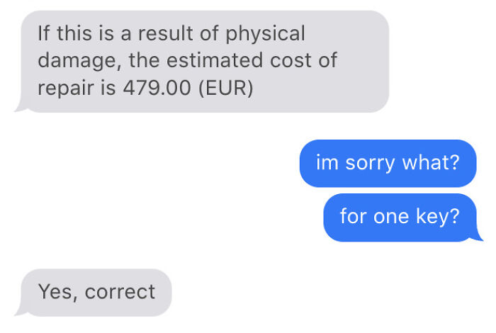 Chat support replies about repair cost, causing frustration over the high price for a single key repair.