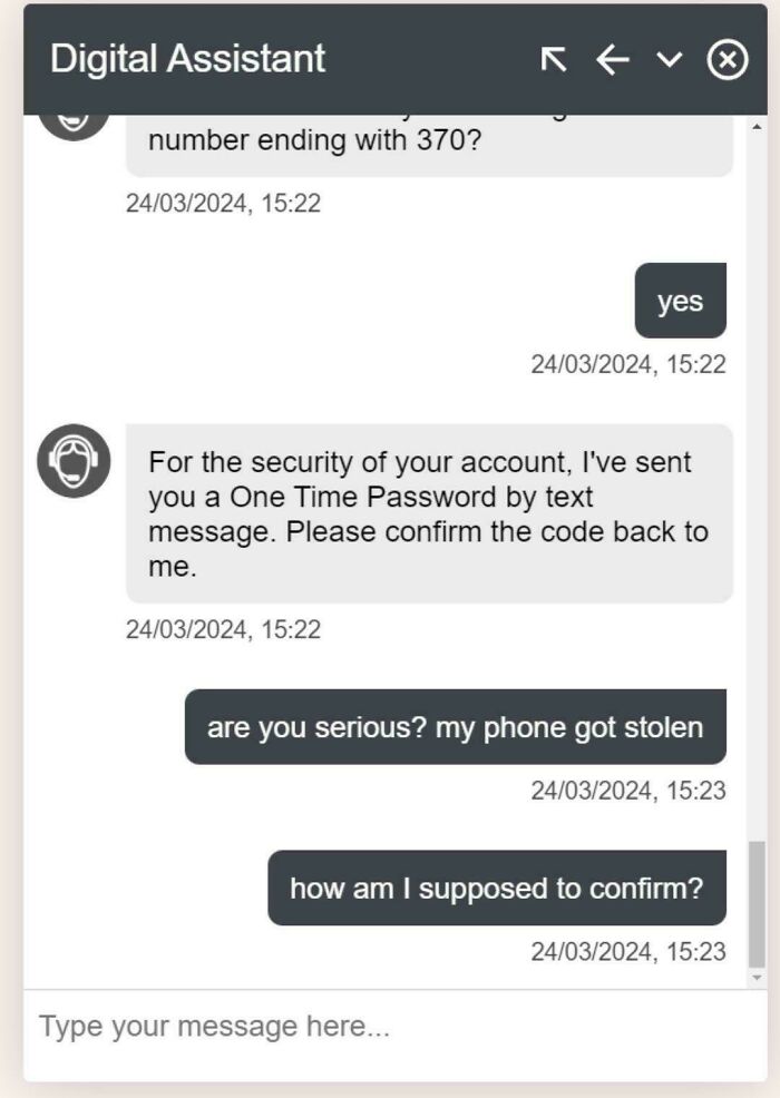 Chat support conversation highlighting infuriating replies about a missing phone and OTP confirmation issues.