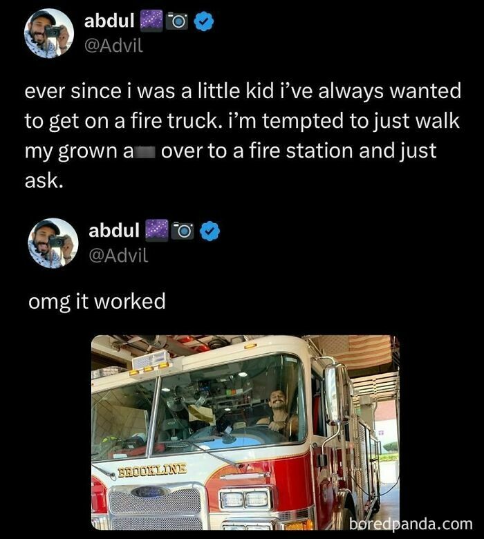 Millennial life meme: Adult fulfills childhood dream of sitting in a fire truck, sharing a triumphant tweet.