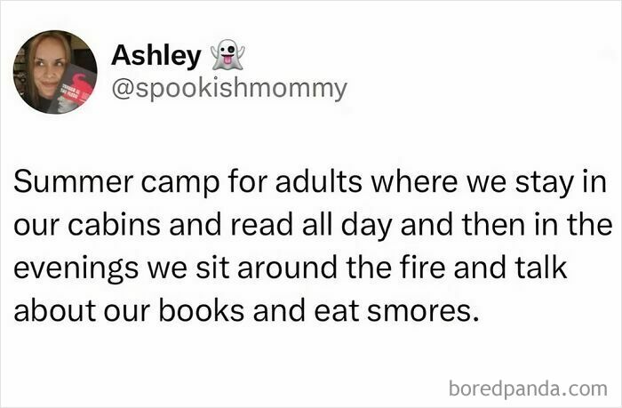 Millennial meme about adults enjoying a camp for reading and discussing books by a fire with smores.