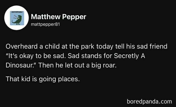 Millennial life meme about kids at the park, with a playful take on being sad as "Secretly A Dinosaur."