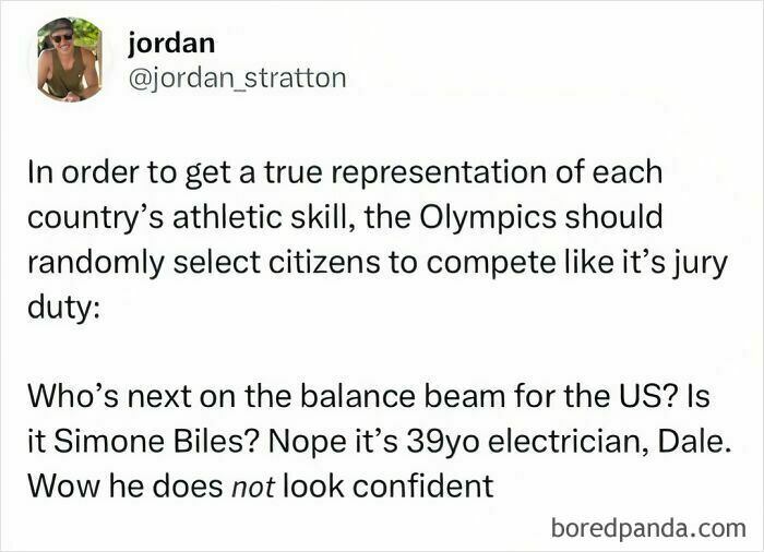 Meme about millennial life humorously suggesting random citizens compete in Olympics, highlighting 39-year-old electrician.