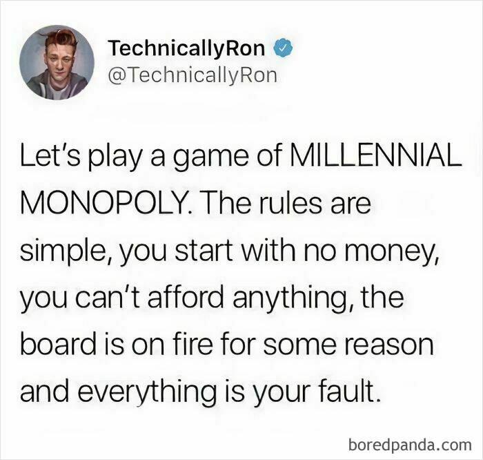 Tweet about millennial life humorously depicts a Monopoly game with impossible rules.