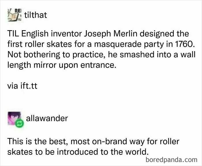 Millennial meme about Joseph Merlin inventing roller skates and crashing into a mirror at a party.