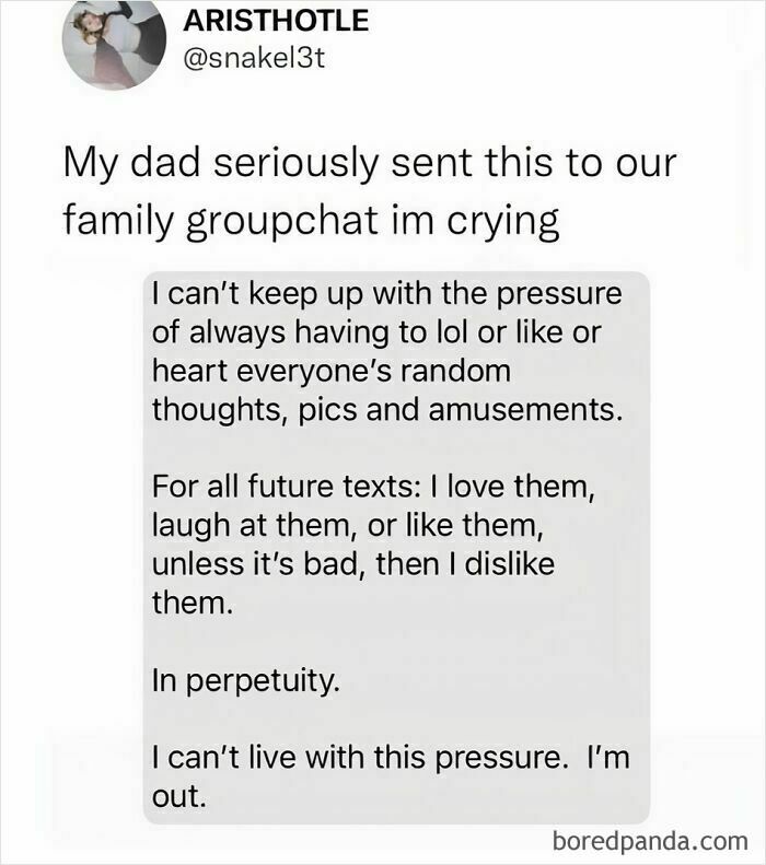 Millennial life meme about avoiding pressure in a family group chat by sending preemptive reactions to messages.