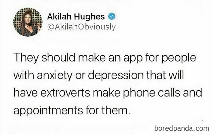 Tweet about millennial life humor, suggesting an app for introverts with extroverts handling phone calls.