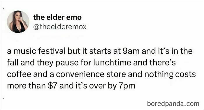 Millennial meme about a perfect music festival with a 9am start, lunch break, and low-cost items, ending by 7pm.