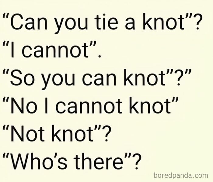 Hilarious linguistic meme featuring a humorous play on words and knot joke.