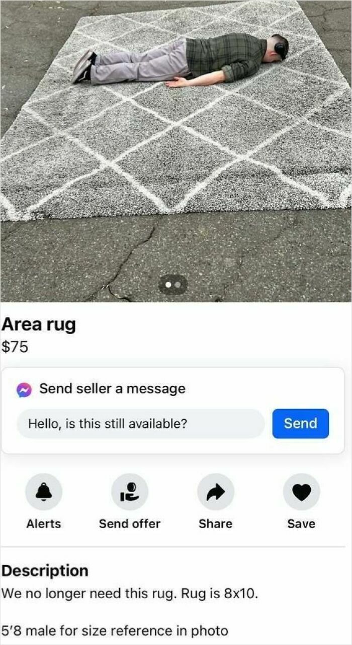 Facebook Marketplace ad for area rug with person lying on it for size comparison.