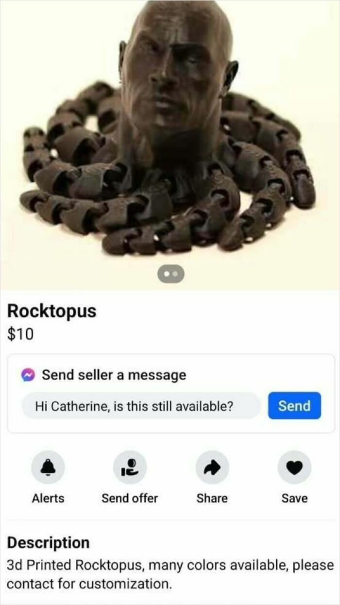 3D printed "Rocktopus" on Facebook Marketplace, featuring a head with octopus tentacles for $10.