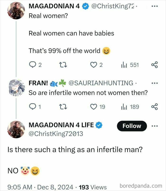 Social media exchange discussing gender roles and infertility; context reflects 2024 dumbest posts.