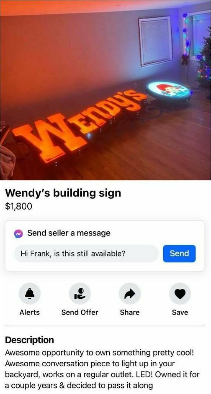 Facebook Marketplace ad featuring a Wendy's building sign for sale at $1,800.