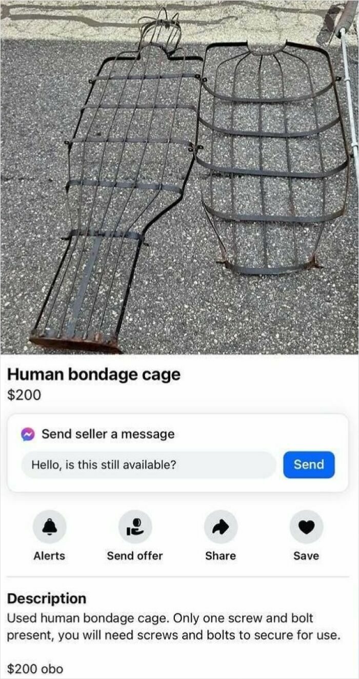 Listing of a human-shaped metal cage for sale on Facebook Marketplace.