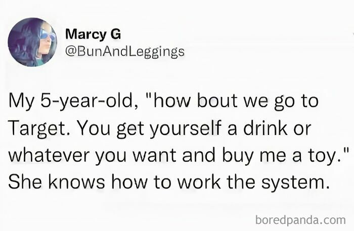 Humorous tweet about a 5-year-old suggesting a trip to Target, highlighting clever negotiation skills.