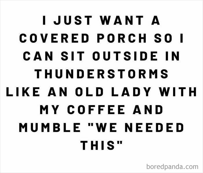 Text about moms wanting to enjoy thunderstorms on a porch with coffee, humorously reflecting on life.