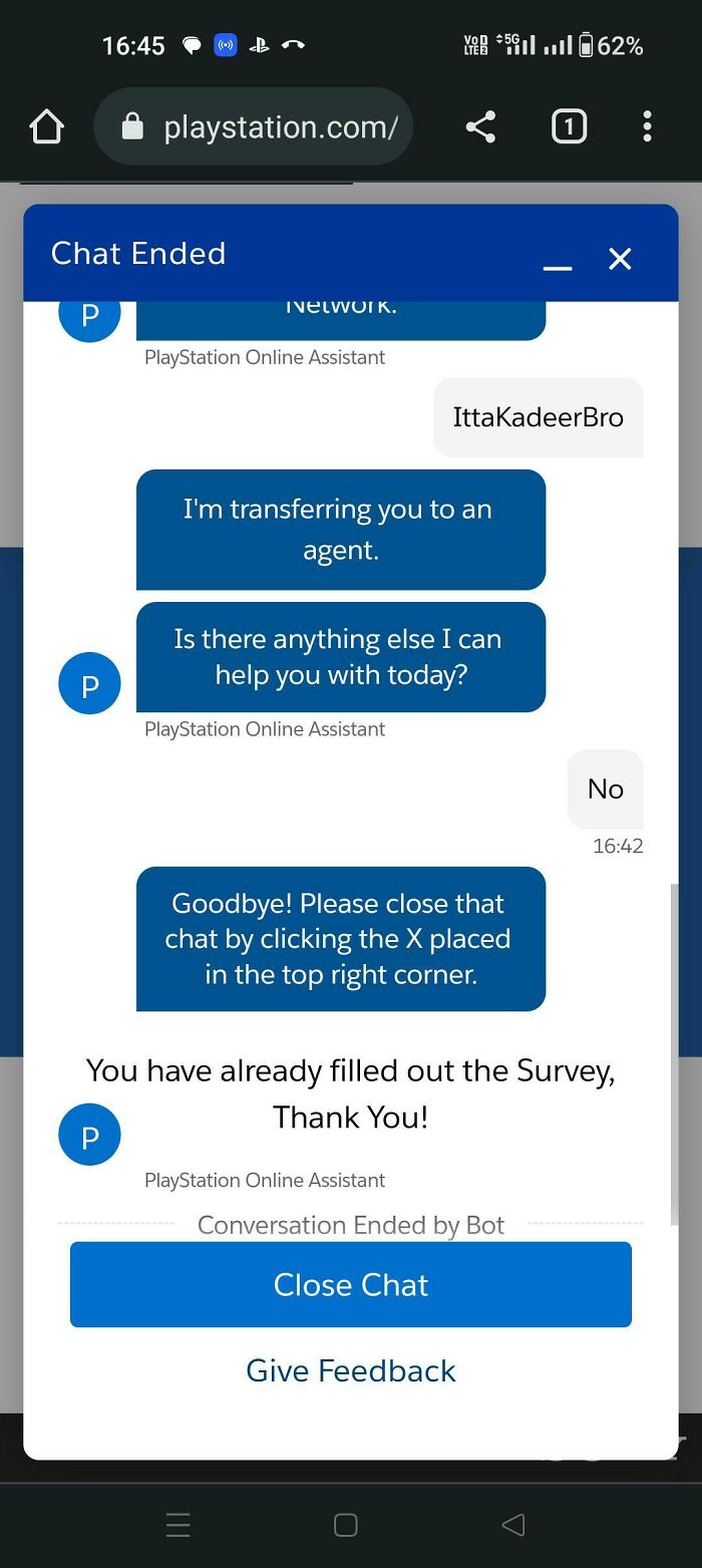 Chat support replies with unhelpful bot message on PlayStation website, ending the conversation abruptly.