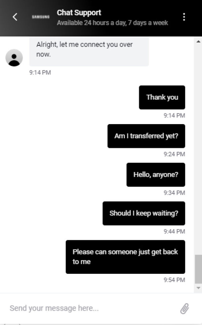 Chat support showing infuriating replies with delayed response times frustrating the user.