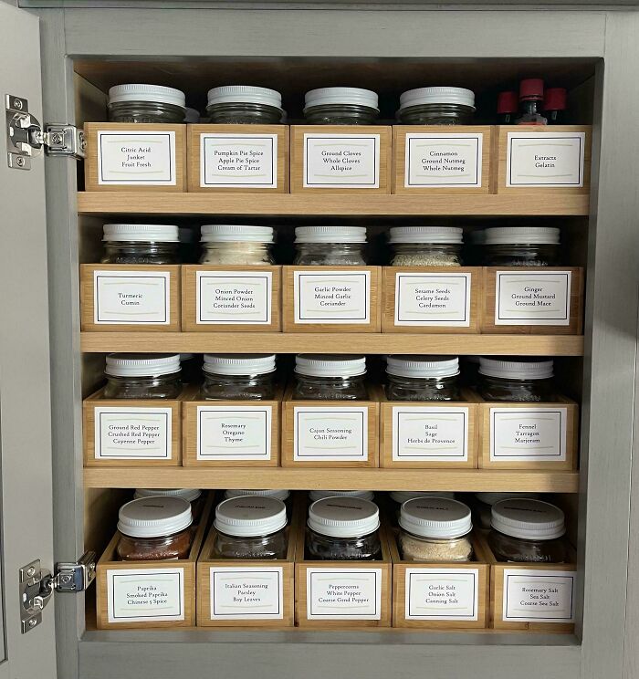 Neat organization of spice jars labeled and arranged on wooden shelves in a cabinet.