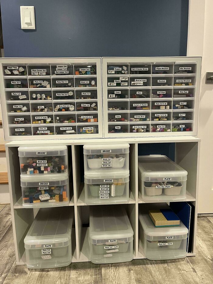 Neat results of next-level organization with labeled storage bins on shelves, showcasing meticulous order.