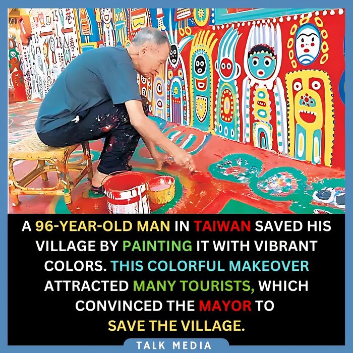 A man painting vibrant murals in Taiwan, showcasing fascinating facts about cultural preservation.