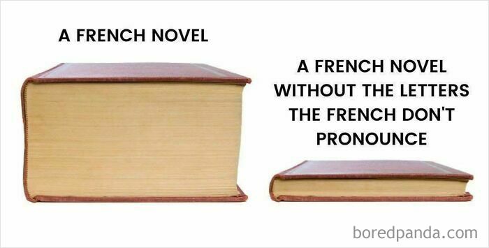 Hilarious linguistic meme comparing two French novels, one with and one without unpronounced letters.