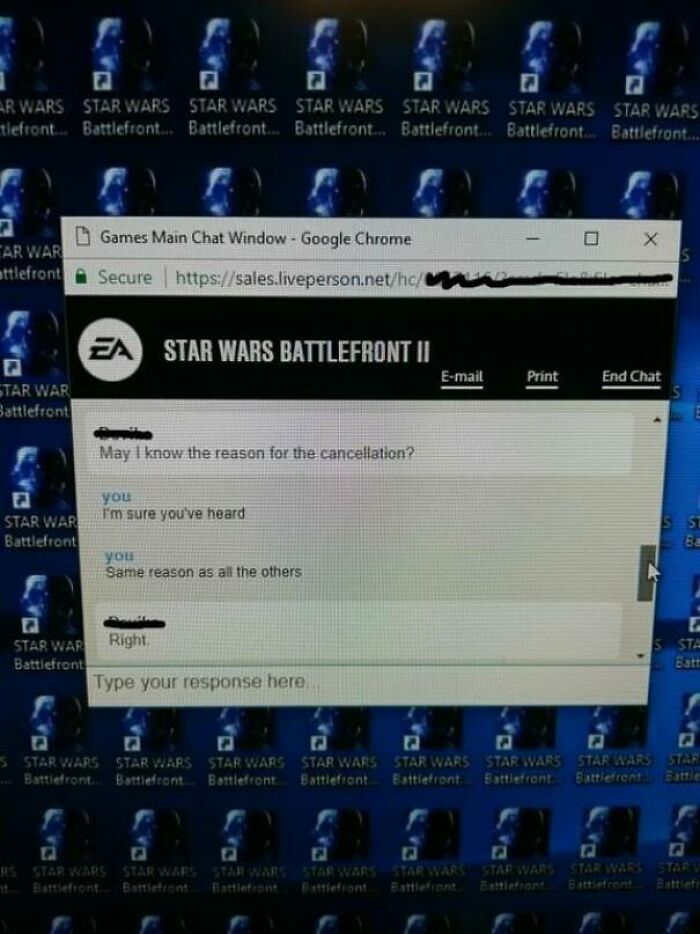 Chat support window with a frustrating exchange about cancellation reasons in a game context.