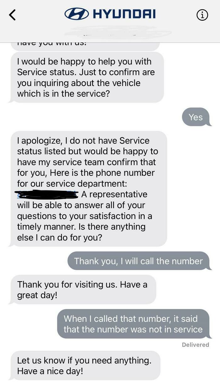 Chat support replies causing frustration over a service status query with unhelpful contact information.