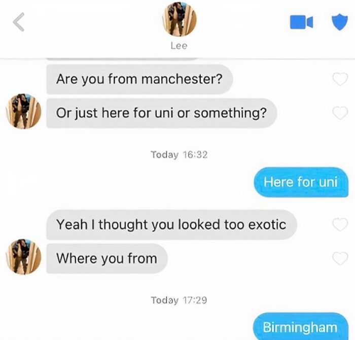 British chat screenshot discussing university location, mentioning Manchester and Birmingham.