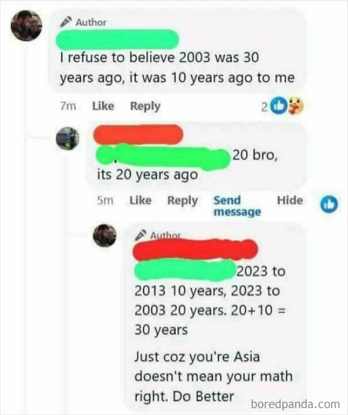 Social media math confusion, showcasing one of the dumbest posts related to calculating years between 2003 and 2023.