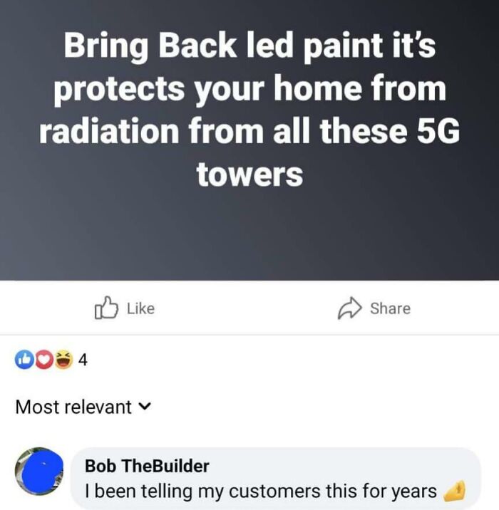 Text post about using lead paint for 5G protection, labeled as one of the dumbest posts of 2024.