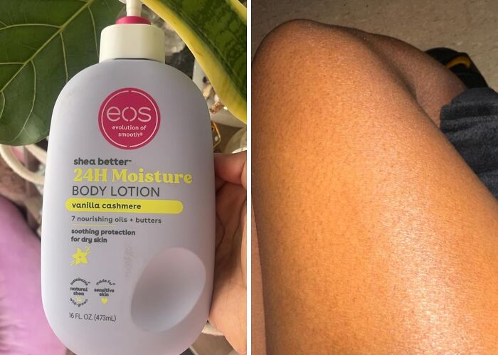 EOS body lotion next to moisturized skin, showcasing cool products for those looking to show off.