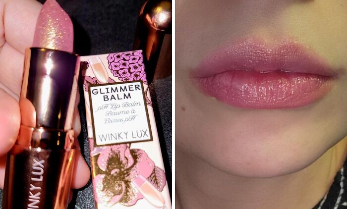 Shimmery lip balm and pink lips, highlighting a cool product for showoffs.