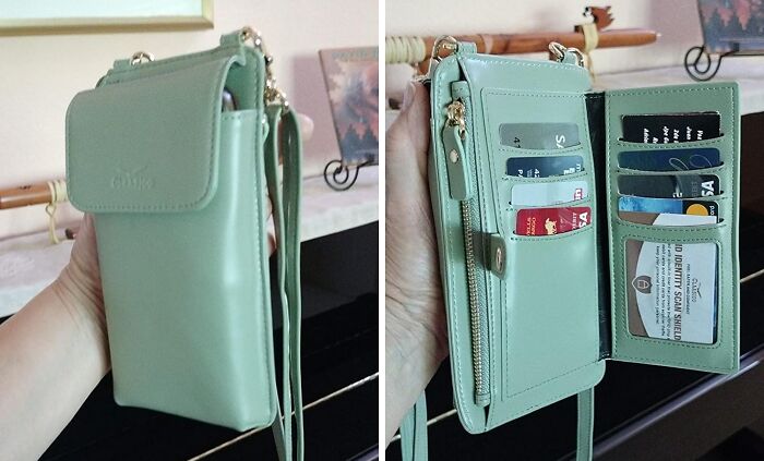 Green wallet bag with multiple card slots and zipper pouch, ideal for those who love cool products and a bit of a showoff.