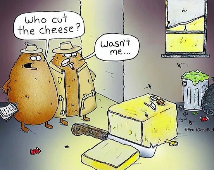 Comic featuring produce as detectives with cheese, humorously questioning "Who cut the cheese?"