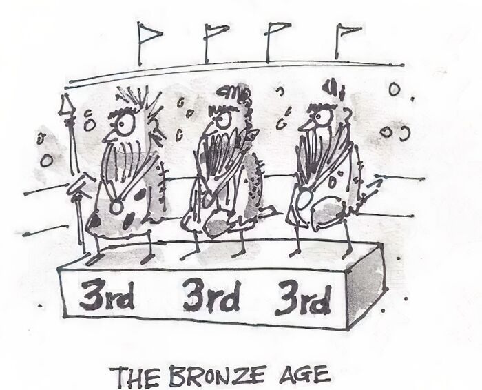 Three cavemen on a podium labeled "The Bronze Age," each in third place, humorously depicting history through memes.