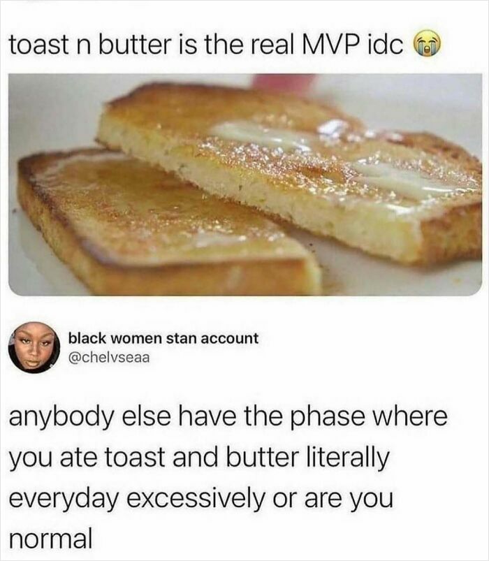 Two tweets about the love for toast and butter, featuring a photo of buttered toast.