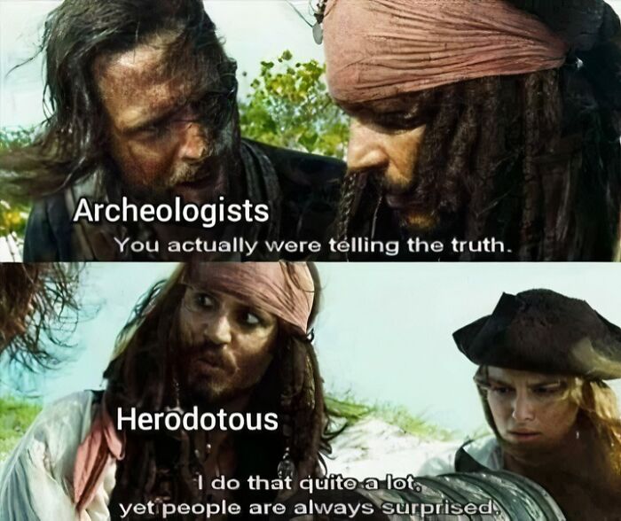 Pirate characters labeled as archeologists and Herodotus in a history meme.