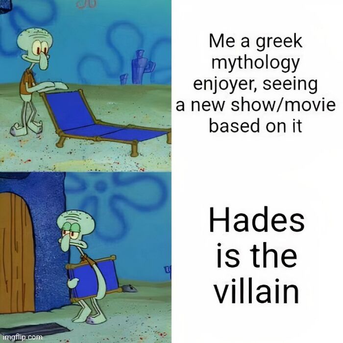 Squidward reacting to Greek mythology TV shows with Hades as the villain meme, illustrating humorous history.