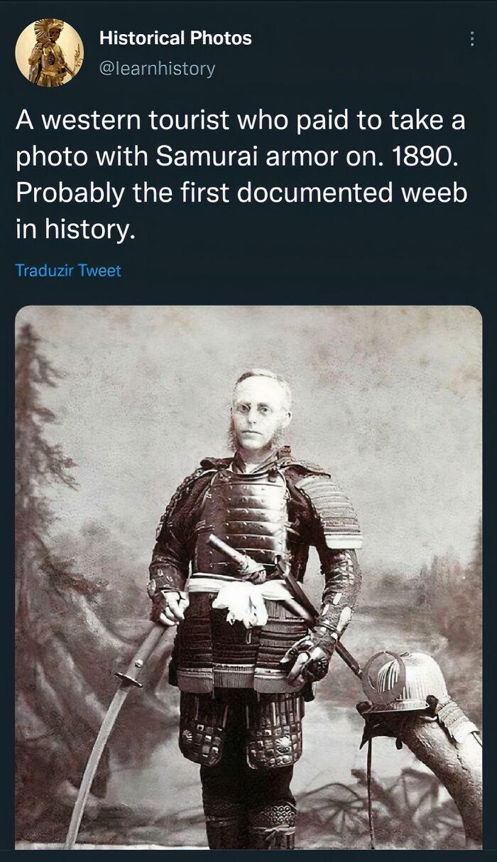 Western tourist in samurai armor, 1890, illustrating historical memes.