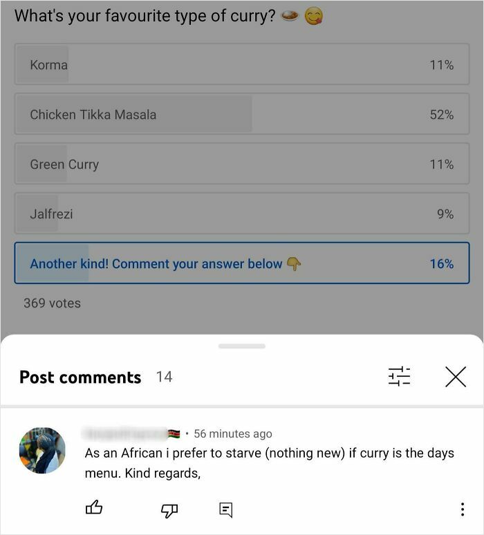 Poll showing curry preferences with a humorous comment as a perfect comeback.