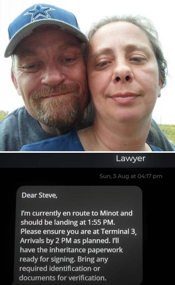 Couple smiling with message from lawyer, hinting at true crime plot twists involving inheritance paperwork.