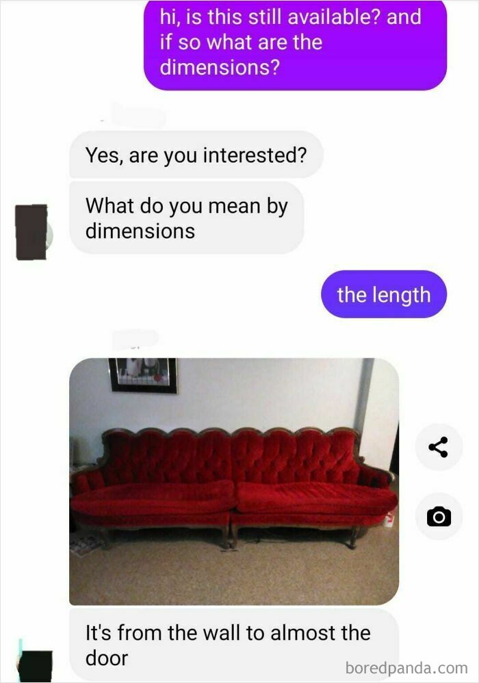 Text conversation about couch dimensions with humorous response. Image of a red couch included. Keywords: Dumbest Posts 2024.