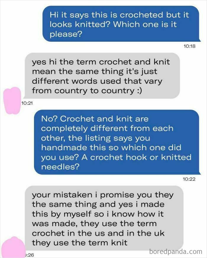 Text conversation with confusion between crochet and knitting; example of dumbest posts in 2024.