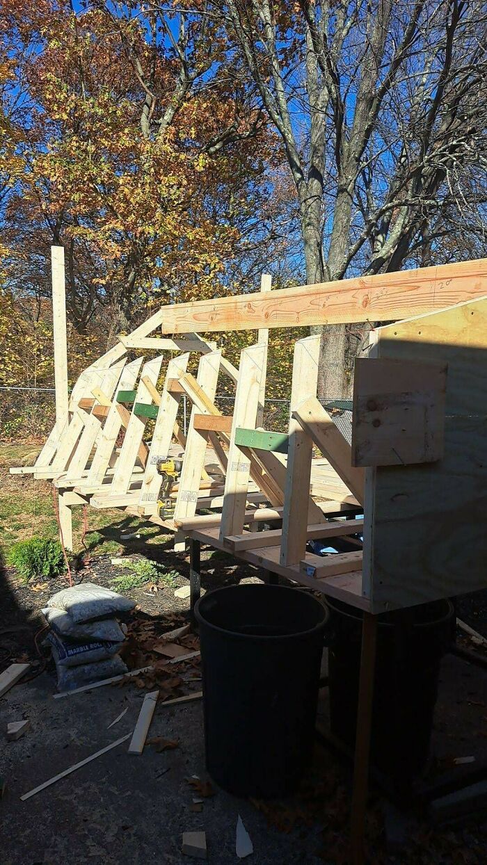 Woodworking project in progress, featuring a frame structure under construction outdoors with autumn trees in the background.