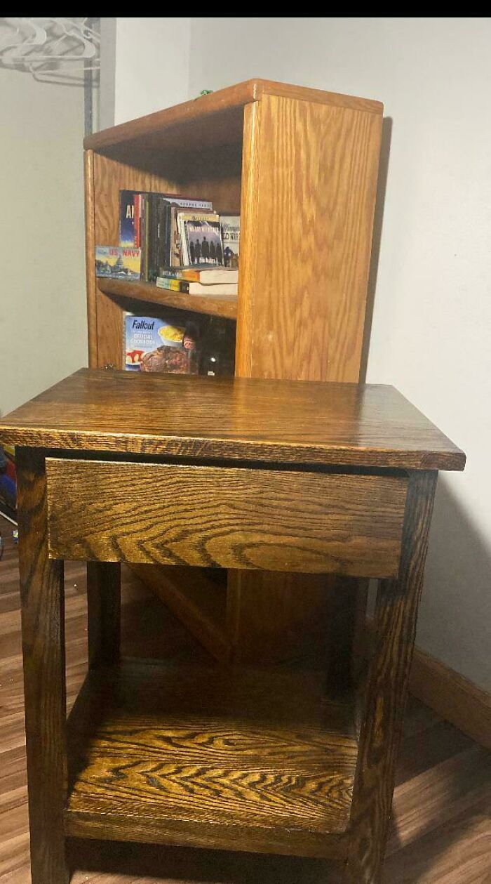 Woodworking projects showcasing a wooden shelf with books and a side table in a room.